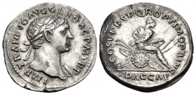 Trajan, 98-117. Denarius (Silver, 19 mm, 3.15 g, 7 h), Rome, 107-108. IMP TRAIANO AVG GER DAC P M TR P Laureate bust of Trajan to right, with slight d...