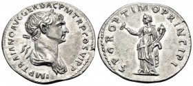 Trajan, 98-117. Denarius (Silver, 20 mm, 3.29 g, 6 h), Rome, spring 113 - summer 114. IMP TRAIANO AVG GER DAC P M TR P COS VI P P Laureate and draped ...