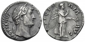 Hadrian, 117-138. Denarius (Silver, 11 mm, 2.69 g, 6 h), Rome, 134-138. HADRIANVS AVG COS III P P Laureate head of Hadrian to right. Rev. VICTORIA AVG...