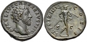 Marcus Aurelius, as Caesar, 139-161. Sestertius (Orichalcum, 32 mm, 23.65 g, 11 h), Rome, 159-160. AVRELIVS CAESAR AVG PII FIL Head of Marcus Aurelius...