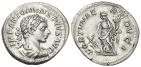 Elagabalus, 218-222. Denarius (Silver, 20 mm, 2.89 g, 12 h), Rome, 219-220. IMP ANTONINVS PIVS AVG Laureate and draped bust of Elagabalus to right. Re...