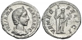 Julia Mamaea, Augusta, 222-235. Denarius (Silver, 19.5 mm, 3.55 g, 7 h), Struck under Severus Alexander, Rome, 224. IVLIA MA-MAEA AVG Draped bust of J...