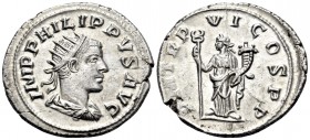 Philip II, 247-249. Antoninianus (Silver, 23 mm, 4.72 g, 1 h), Antioch, 249. IMP M IVL PHILIPPVS AVG Radiate, draped and cuirassed beardless bust of P...