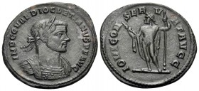 Diocletian, 284-305. Denarius (Bronze, 20 mm, 2.36 g, 1 h), Rome, 285. IMP C C VAL DIOCLETIANVS P F AVG Laureate draped and cuirassed bust of Diocleti...