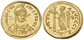 Anastasius I, 491-518. Solidus (Gold, 21 mm, 4.46 g, 6 h), Constantinople, I = 10th officina, 492-507. D N ANASTA-SIVS P P AVG Helmeted and cuirassed ...