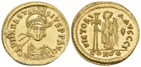 Anastasius I, 491-518. Solidus (Gold, 21 mm, 4.46 g, 6 h), Constantinople, I = 10th officina, 492-507. D N ANASTA-SIVS P P AVG Helmeted and cuirassed ...