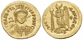 Anastasius I, 491-518. Solidus (Gold, 20 mm, 4.48 g, 6 h), Constantinople, H = 8th officina, 492-507. D N ANASTA-SIVS P P AVG Helmeted and cuirassed b...