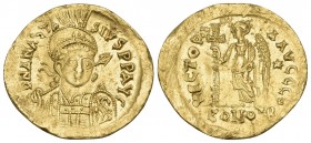 Anastasius I, 491-518. Solidus (Gold, 21 mm, 4.45 g, 6 h), Constantinople, S = 6th officina, 492-507. D N ANASTA-SIVS P P AVC Helmeted, diademed and c...