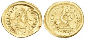 Anastasius I, 491-518. Semissis (Gold, 18.5 mm, 2.14 g, 7 h), Constantinople, 507-518. DN ANASTA-SIVS PP AVC Diademed, draped and cuirassed bust of An...