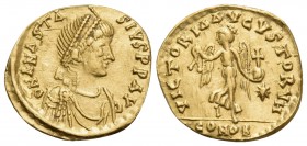 Anastasius I, 491-518. Tremissis (Gold, 15 mm, 1.22 g, 6 h), Constantinople, 492-518. D N ANASTA-SIVS P P AVI Diademed, draped and cuirassed bust of A...