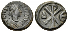 Justin I, 518-527. Pentanummium (Bronze, 13.5 mm, 2.84 g, 6 h), Constantinopolis, 4th officina. D N IVSTI-NVS P P AVI Diademed, draped and cuirassed b...