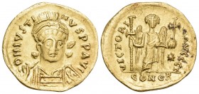 Justin I, 518-527. Solidus (Gold, 20 mm, 3.99 g, 6 h), Constantinople, Γ = 3rd officina, 519-527. DN IVSTINVS PP AVC Helmeted, diademed and cuirassed ...