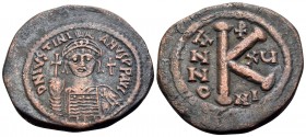 Justinian I, 527-565. Half Follis (Copper, 29 mm, 11.00 g, 6 h), Nicomedia, 541-542. D N IVSTINIANVS P P AVI Helmeted and cuirassed bust of Justinian ...