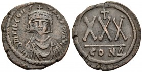 Tiberius II Constantine, 578-582. 3/4 Follis or 30 Nummi (Copper, 34 mm, 11.41 g, 7 h), Constantinople, Δ = 4th officina, 579-582. d M TIЬ CONS-TANT P...