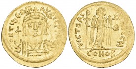 Maurice Tiberius, 582-602. Solidus (Gold, 22 mm, 4.40 g, 6 h), Constantinople, H = 8th officina, 582-583. O N TIBER M-AVRIC PP AV Draped and cuirassed...