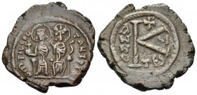 Tiberius II Constantine, with Anastasia, 578-582. Half Follis (Bronze, 22 mm, 4.98 g, 7 h), Thessaloniki, year 5 = 579. D M TIB CON-TANT PP AV Nimbate...