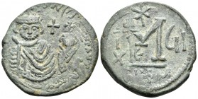 Heraclius, with Heraclius Constantine, 610-641. Follis (Bronze, 28 mm, 10.85 g, 11 h), Seleucia Isauriae, 5th officina = E, regnal year 7 =616-617. dd...