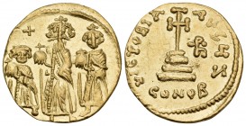 Heraclius, with Heraclius Constantine and Heraclonas, 610-641. Solidus (Gold, 20 mm, 4.46 g, 6 h), Constantinople, Z = 7th officina, 632-635. From lef...