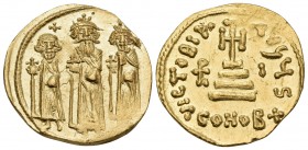 Heraclius, with Heraclius Constantine and Heraclonas, 610-641. Solidus (Gold, 19 mm, 4.32 g, 6 h), Constantinople, S = 6th officina, indiction year I ...