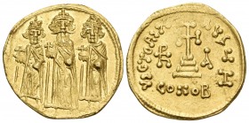 Heraclius, with Heraclius Constantine and Heraclonas, 610-641. Solidus (Gold, 19 mm, 4.38 g, 7 h), Constantinople, H = 8th officina, indiction year IA...