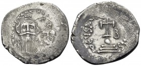 Constans II, with Constantine IV, 641-668. Hexagram (Silver, 24 mm, 6.74 g, 7 h), Constantinople, 654-659. D N CONSTANTINUS C CONSTAN Crowned facing b...