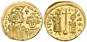 Constans II, with Constantine IV, Heraclius, and Tiberius, 641-668. Solidus (Gold, 19 mm, 4.42 g, 6 h), Constantinople, E = 5th officina, 659-661. D N...