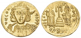 Constantine IV Pogonatus, with Heraclius and Tiberius, 668-685. Solidus (Gold, 20 mm, 4.48 g, 7 h), Constantinople, Z = 7th officina, 674-681. d N CON...
