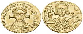 Justinian II, second reign, 705-711. Solidus (Gold, 22.5 mm, 4.49 g, 6 h), Constantinople, 706. d N IhS ChS RЄX RЄGNANTIЧM Draped bust of Christ facin...