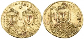 Constantine V Copronymus, with Leo IV and Leo III, 741-775. Solidus (Gold, 21 mm, 4.49 g, 6 h), Constantinople, circa 764-773. CONSTANTINOS S LEON NEO...