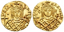Irene, 797-802. Solidus (Gold, 18 mm, 3.84 g, 6 h), Syracuse, 798-802. EIRIN bASILISI Crowned bust of Irene facing, wearing loros and holding a globus...