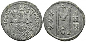 Michael II the Amorian, with Theophilus, 820-829. Follis (Bronze, 29 mm, 8.59 g, 6 h), Constantinople, 821-829. MIXAHL S Θ ЄOFILOS Two facing busts; o...