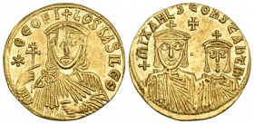 Theophilus, with Constantine and Michael II, 829-842. Solidus (Gold, 19.5 mm, 4.43 g, 5 h), Constantinople, 830/1-840. ✷ΘEOFI-LOS bASIL E Θ Crowned fa...