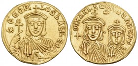 Theophilus, with Constantine and Michael II, 829-842. Solidus (Gold, 20.5 mm, 4.16 g, 7 h), Constantinople, 830/1-840. ✷ΘEOFI-LOS bASIL EΘ Crowned fac...