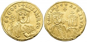 Theophilus, with Constantine and Michael II, 829-842. Solidus (Gold, 20 mm, 4.41 g, 7 h), Constantinople, 831-842. ✷ΘEOFI-LOS bASIL E' Θ Crowned facin...