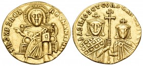 Basil I the Macedonian, with Constantine VII, 867-886. Solidus (Gold, 19.5 mm, 4.29 g, 6 h), Constantinople, circa 868-870. +IhS XRS REX REGNANTIЧM ✱ ...