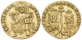 Basil I the Macedonian, with Constantine VII, 867-886. Solidus (Gold, 20.5 mm, 4.40 g, 6 h), Constantinople, circa 871-876. +IhS XRS REX REGNANTUM ✱ C...