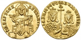 Basil I the Macedonian, with Constantine VII, 867-886. Solidus (Gold, 20 mm, 4.48 g, 7 h), Constantinople, circa 871-876. +IhS XRS REX REGNANTIUM x Ch...