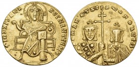 Romanus I with Christopher, 924-931. Solidus (Gold, 19.5 mm, 4.34 g, 6 h), Constantinople. +IhS XPS REX REGNANTIЧm✶ Facing bust of Christ Pantokrator,...