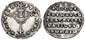 Nicephorus II Phocas, 963-969. Miliaresion (Silver, 21.5 mm, 2.96 g, 6 h), Constantinople. +IhSUS XRI-STUS NICA✱ Cross potent, crosslet, on globe and ...