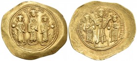 Romanus IV Diogenes, with Eudocia, Michael VII, Constantius, and Andronicus, 1068-1071. Histamenon (Gold, 30 mm, 4.41 g, 6 h), Constantinople. KΩN MX ...