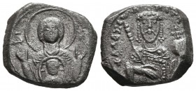 Alexius I Comnenus, 1081-1118. Tetarteron (Billon, 16 mm, 3.61 g, 6 h), pre-reform coinage, Thessalonica, c. 1081-1087. MP-ΘY Facing bust of the Theot...
