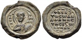 BYZANTINE SEALS. Anastasios Drazeas. Circa 11th Century. Seal or Bulla (Lead, 22 mm, 13.31 g, 12 h). O / Δ/H/M/H-T/PI/OC Nimbate facing bust of Saint ...