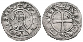 CRUSADERS. Antioch. Bohémond III, 1163-1201. Denier (Silver, 19 mm, 0.91 g, 1 h). +BOANVNDVS (double crossbars on dotted N's and four pellet A) Helmet...