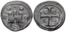 CRUSADERS. Chios. Maona Society, circa 1347-1385. (Bronze, 16.5 mm, 1.34 g, 12 h). Three-towered castle façade; five rosettes around; below castle rou...