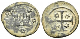 CRUSADERS. Chios. Maona Society, circa 1347-1385. (Bronze, 17.5 mm, 1.82 g). Three-towered castle façade; five rosettes around; to left, round counter...