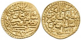 ISLAMIC, Ottoman Empire. Murad III, AH 982-1003 / AD 1574-1595. Sultani (Gold, 20 mm, 3.44 g, 5 h), Halab (Aleppo), AH 982 = 1574 AD. Name and title o...