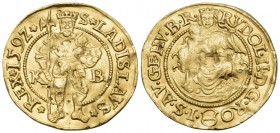 HUNGARY. Holy Roman Empire. Rudolf II, Emperor, 1576-1611. Ducat (Gold, 22.5 mm, 3.50 g, 3 h), Kremnitz, dated, 1592. S✿ LADISLAVS✿ - ✿REX✿ 1592✿ St. ...