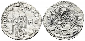 ITALY. Venice. Michele Morosini, 1382. Soldino (Silver, 15.5 mm, 0.48 g, 7 h), 61st Doge. +MICHL• MA-VROC• DVX Doge standing to left, holding banner; ...
