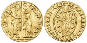 ITALY. Venice. Francesco Donato, 1545-1553. Ducat (Gold, 21 mm, 3.46 g, 5 h), 80th Doge. FRAN• DON - •S• M• VENET• / DVX Francesco Donato, kneeling to...