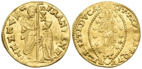 ITALY. Venice. Francesco Veniero, 1554-1556. Ducat (Gold, 21.5 mm, 3.44 g, 6 h), 81st Doge. FRAN• VENE - S• M• VENET• / DVX Francesco Veniero, kneelin...